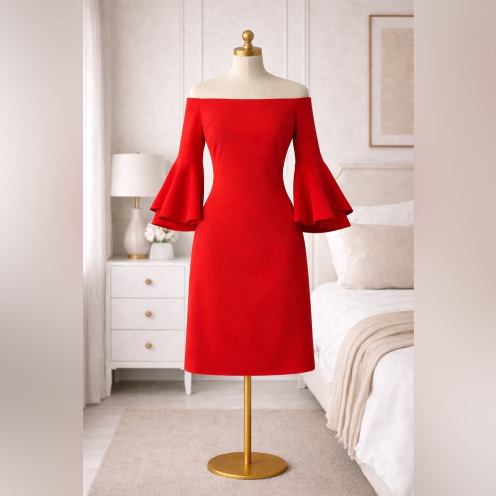 Vince Camuto Size M | Red Off Shoulder Dress | Elegant Bell Sleeve Statement